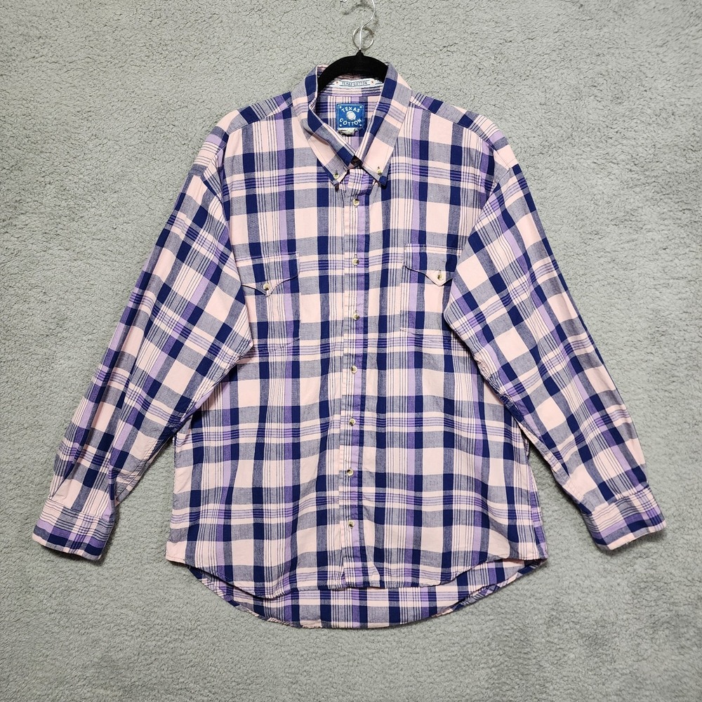 Texas Cotton Mens Button Down Long Sleeve Pink‎ Blue Plaid Size XL Western Shirt